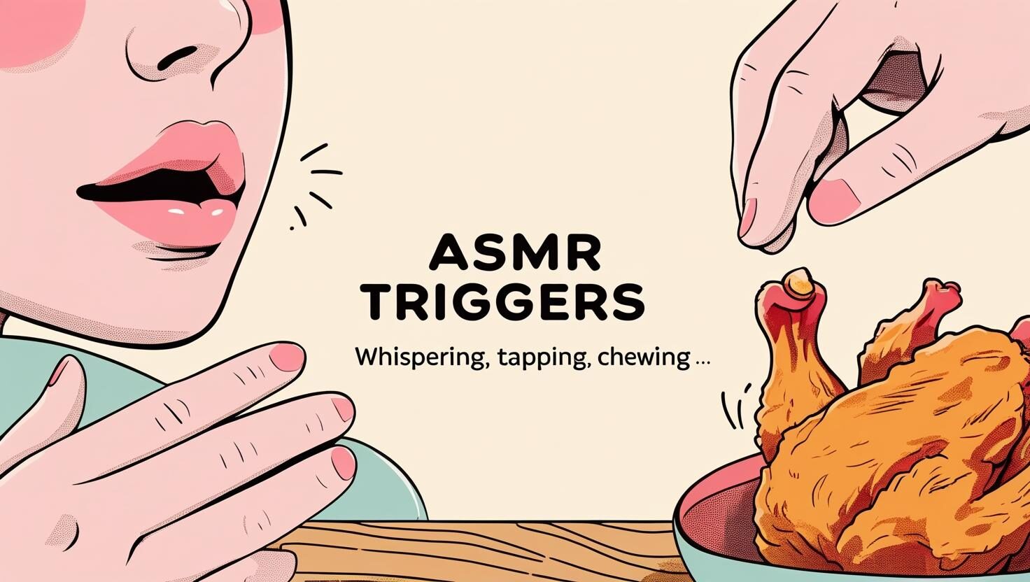 ASMRトリガーを表現したイラスト（ささやき声、タッピング、咀嚼音）